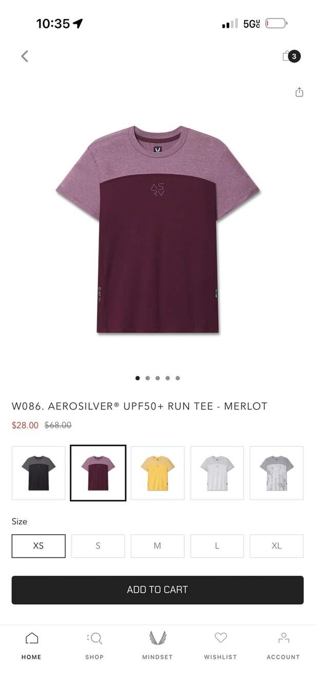 ASRV Aerosilver UPF50+ Run Tee Size L Merlot